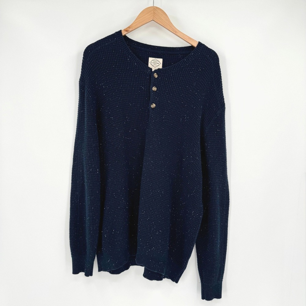 St Johns‎ Bay Mens Navy Blue Speckled Henley Sweater XXL Waffle Knit Cotton